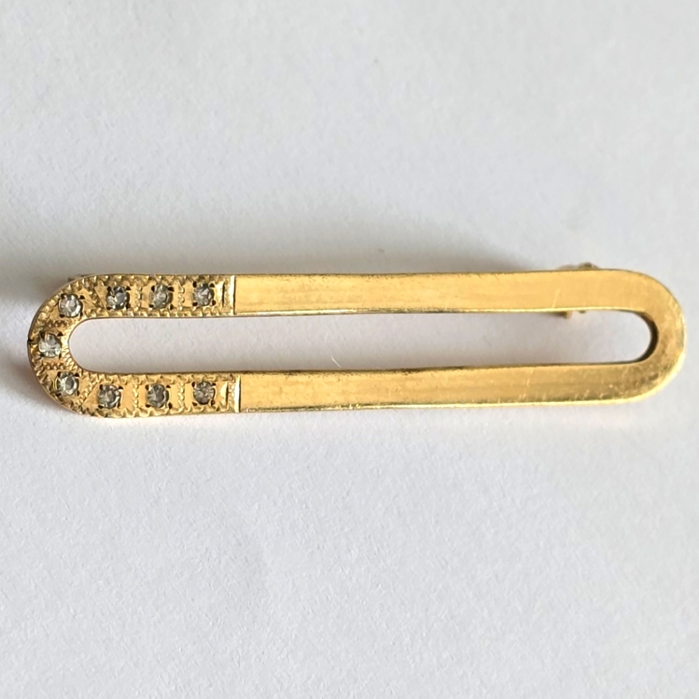 Vintage brooch long oval gold fill Winard clear gems pin minimalist